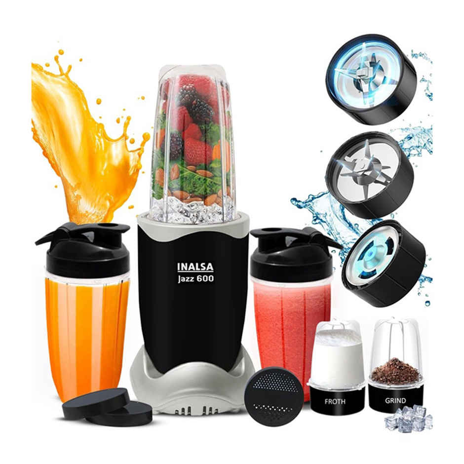 Inalsa Nutri Blender | Mixer Grinder Jazz 600 | 600W | 5 Jar,3 Blades& Froth Blade - Black & Silver