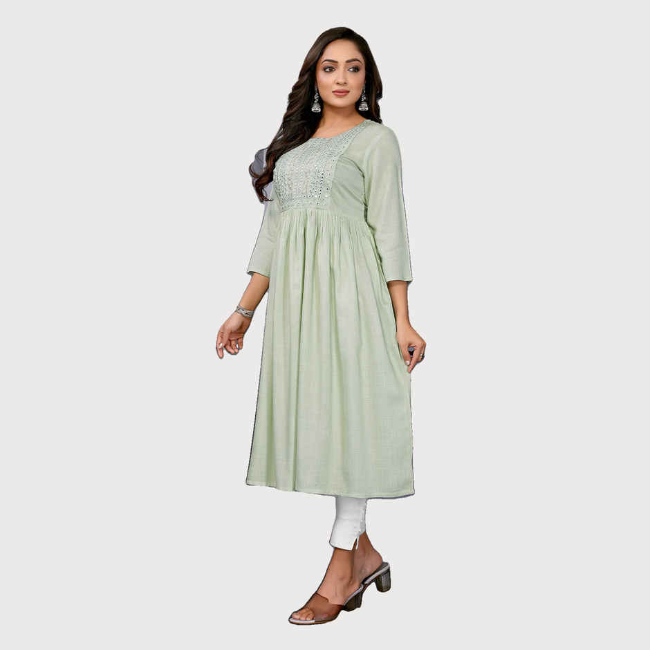 Rangita Women's Rayon Embroidered Flared Calf Length Kurta | Light Green - S