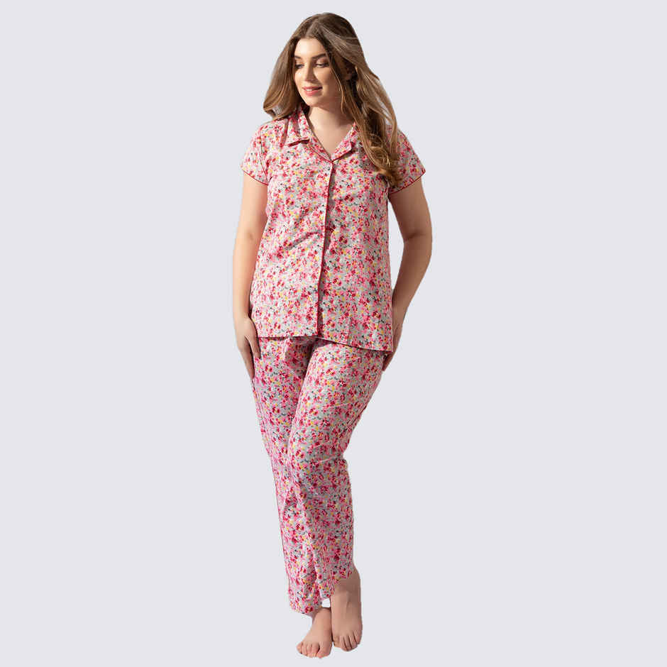 Clovia Print Me Pretty Button Down Shirt & Pyjama Set - Cotton Rich(Pink - M)