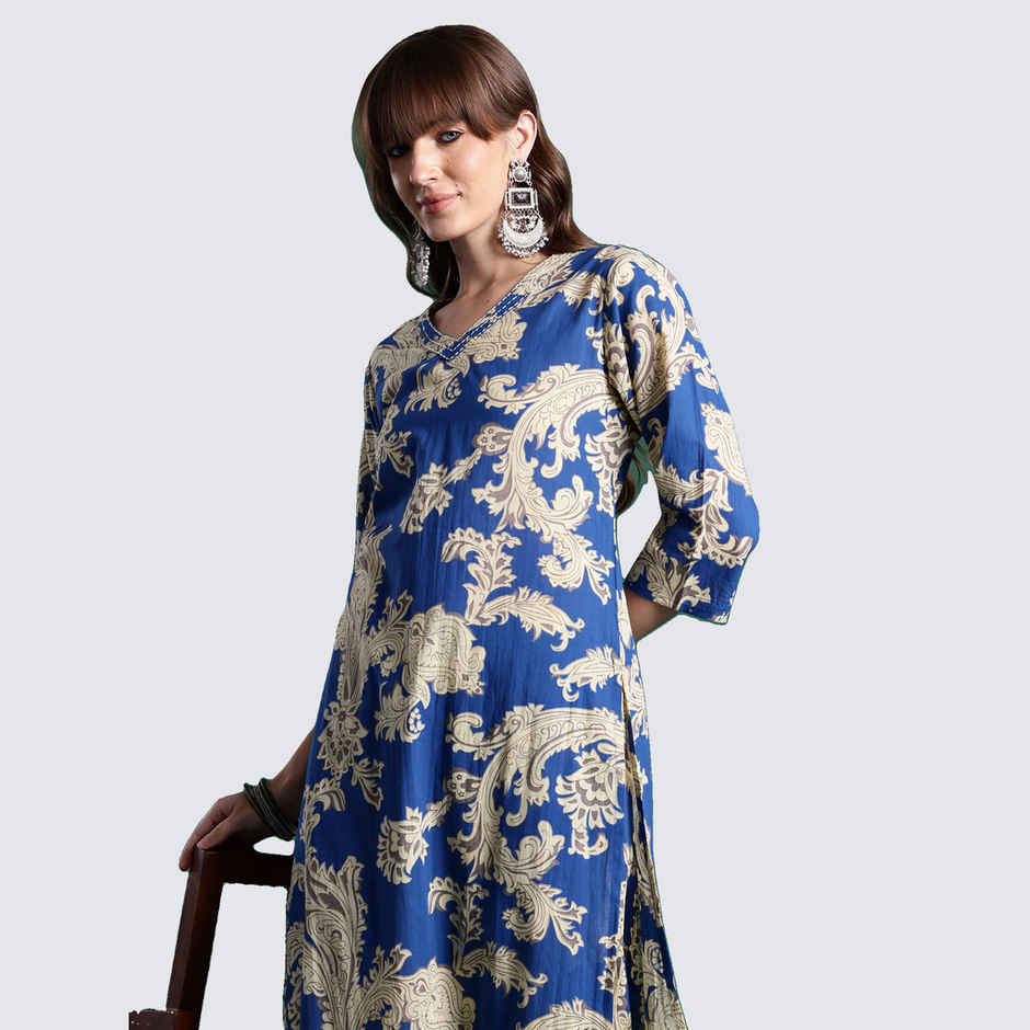 INDO ERA Women's Printed Straight Kurta Trouser Set | Blue - XL