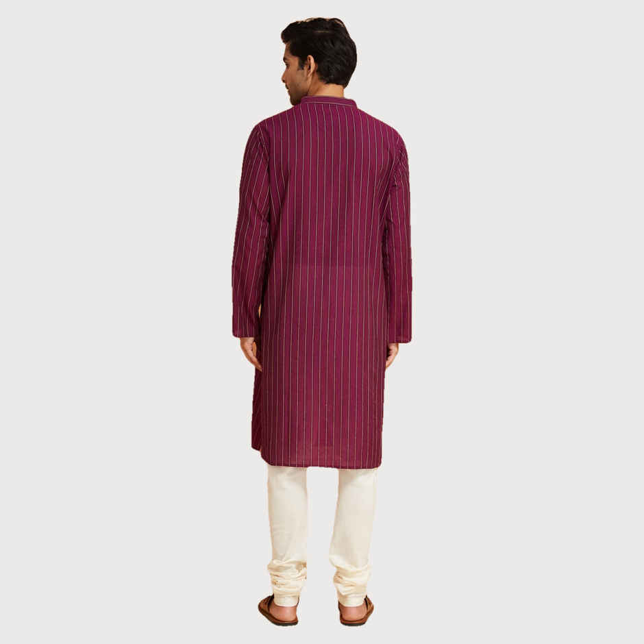 Fabindia Men's Long Kurta Cotton Dobby | Purple - XL