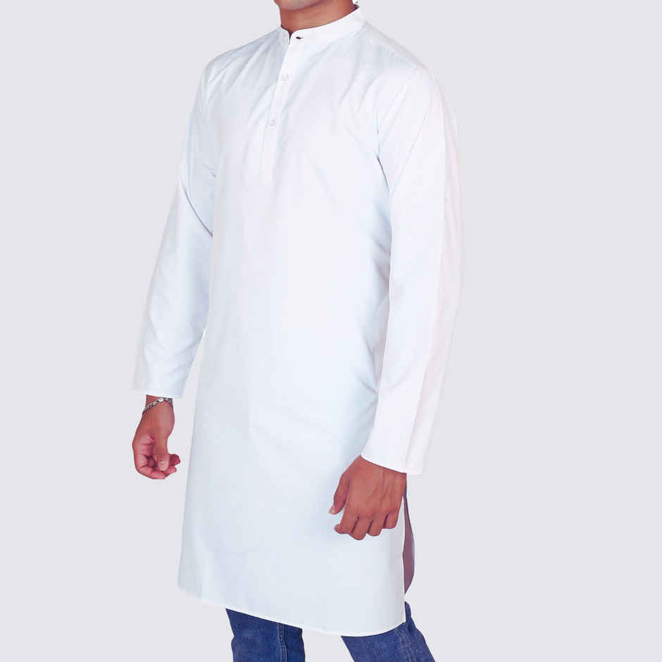 EQL Men's Cotton Linen Button Placket Long Kurta for Men | White - M