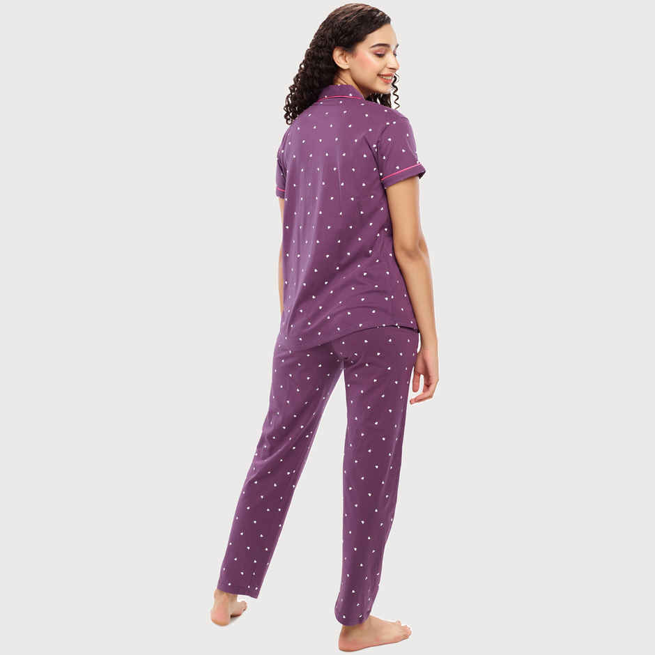 Zeyo Women's Cotton Heart Printed Stylish Night Suit Set of Shirt & Pyjama | 5612 Purple-S
