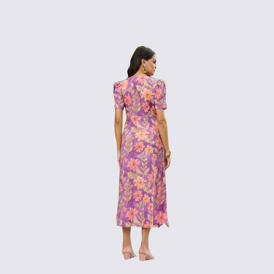 JISORA Women's Printed Cotton Purple Midi Dress | S - D2636