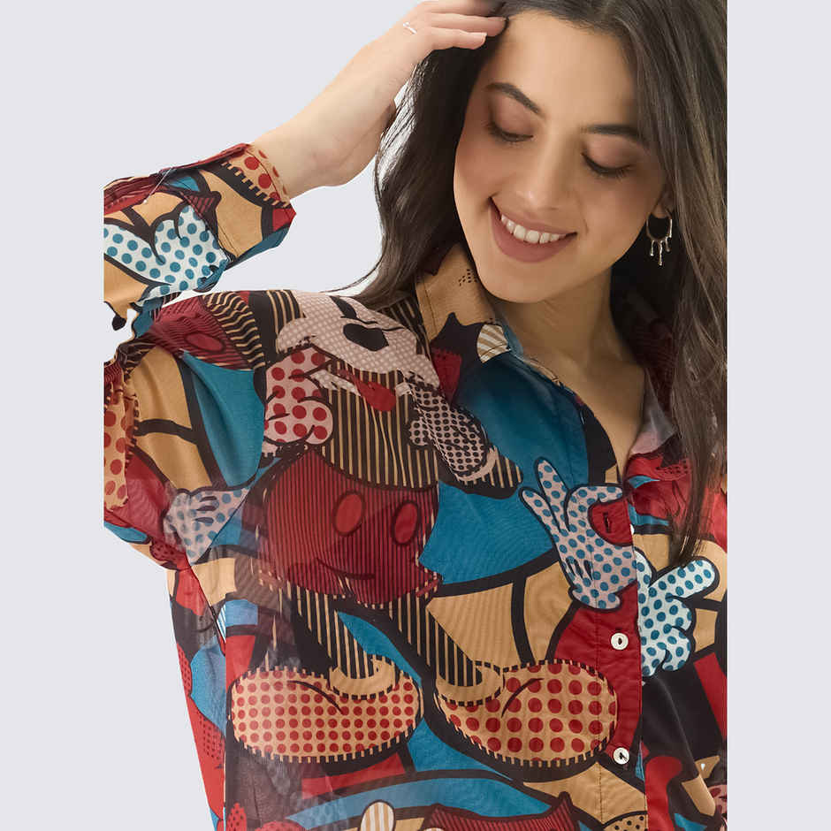 The Souled Store Women's Mesh Shirt Mickey Mouse Abstract Boyfriend Shirt | Multicolor - XL