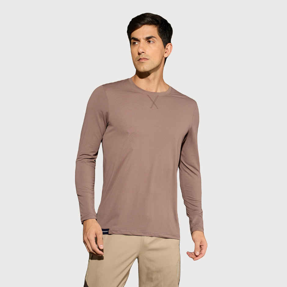 Technosport Men's Poly Solid Slim Fit Round Neck Full Sleeve Sports T-shirt | Deep Taupe - S