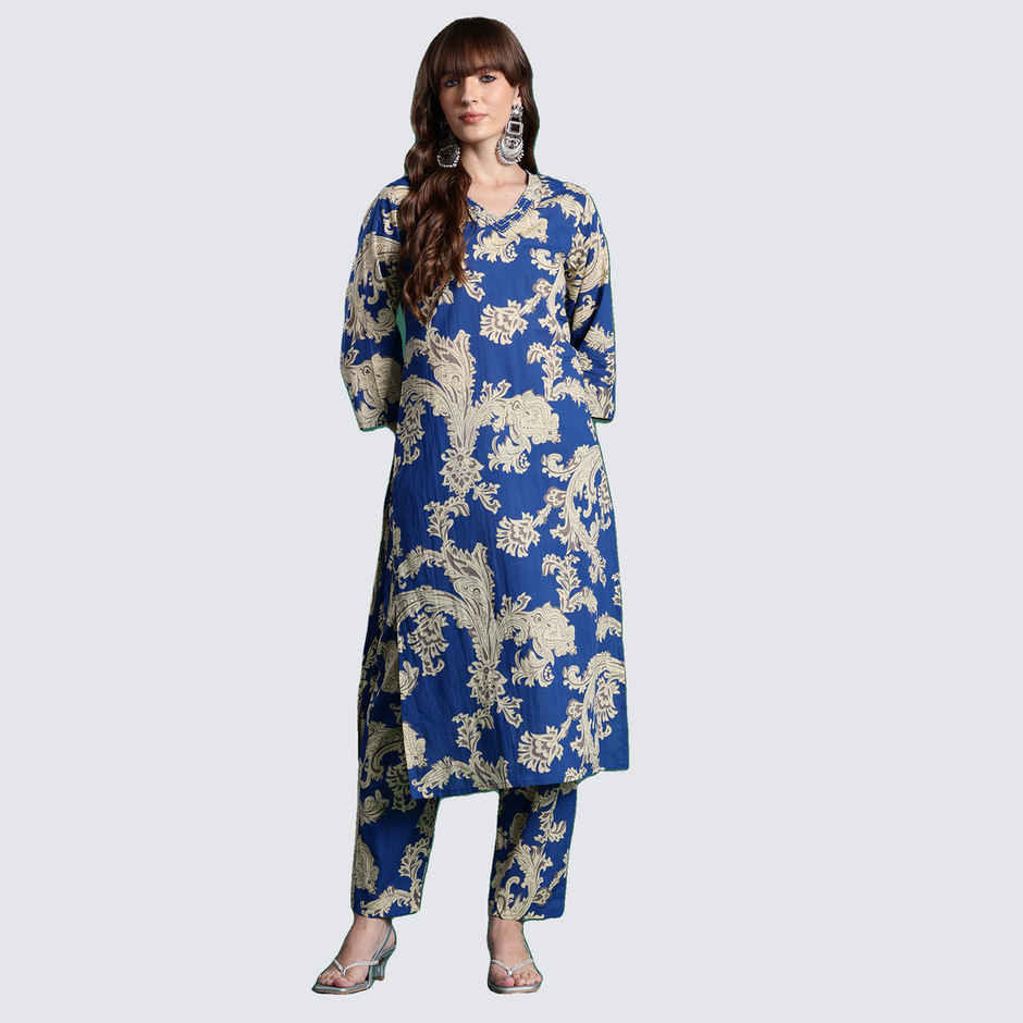INDO ERA Women's Printed Straight Kurta Trouser Set | Blue - XL