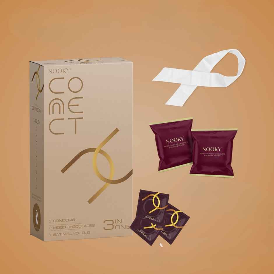 Nooky CONNECT 3 in 1 Intimacy Condom Kit Condom Chocolate and Blindfold