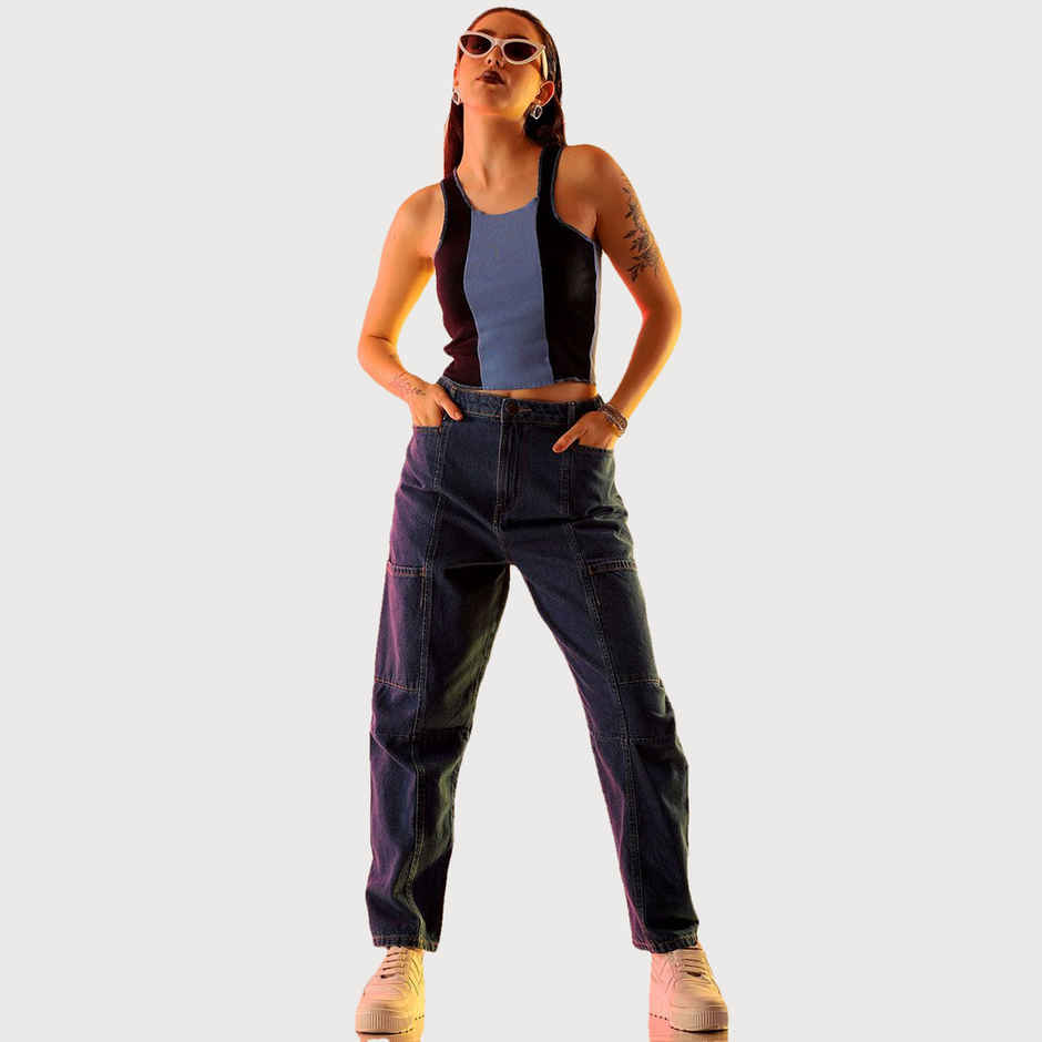 Freehand Women's High Rise Streetwear Multi Pocket Anti Fit Vintage Fit Jeans | Blue - 28