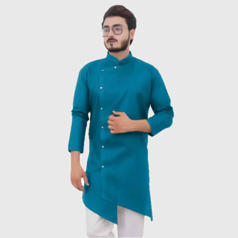 Tibra Collection Men Asymmetric Kurta - Ocean | Striped | Cotton Blend | M