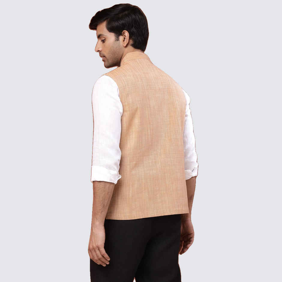 Fabindia Men's Nehru Jacket Cotton Hand Block Printed | Beige - M