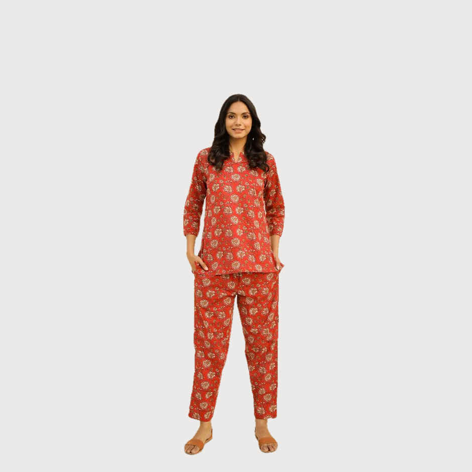 Sanskrutihomes Women's Printed Pure Cotton Night Suit | Red - S