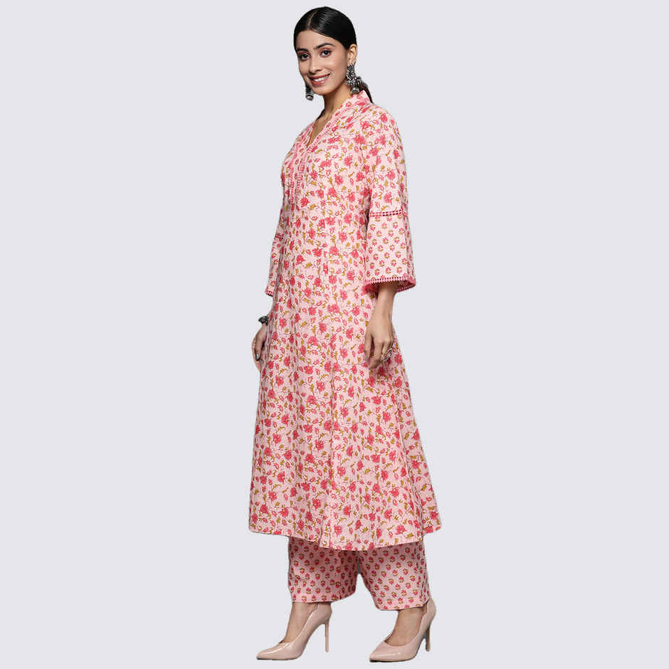 Varanga Women's V-Neck Collar Kurta Paired with Tonal Dupatta And Tonal Bottom | Pink - L