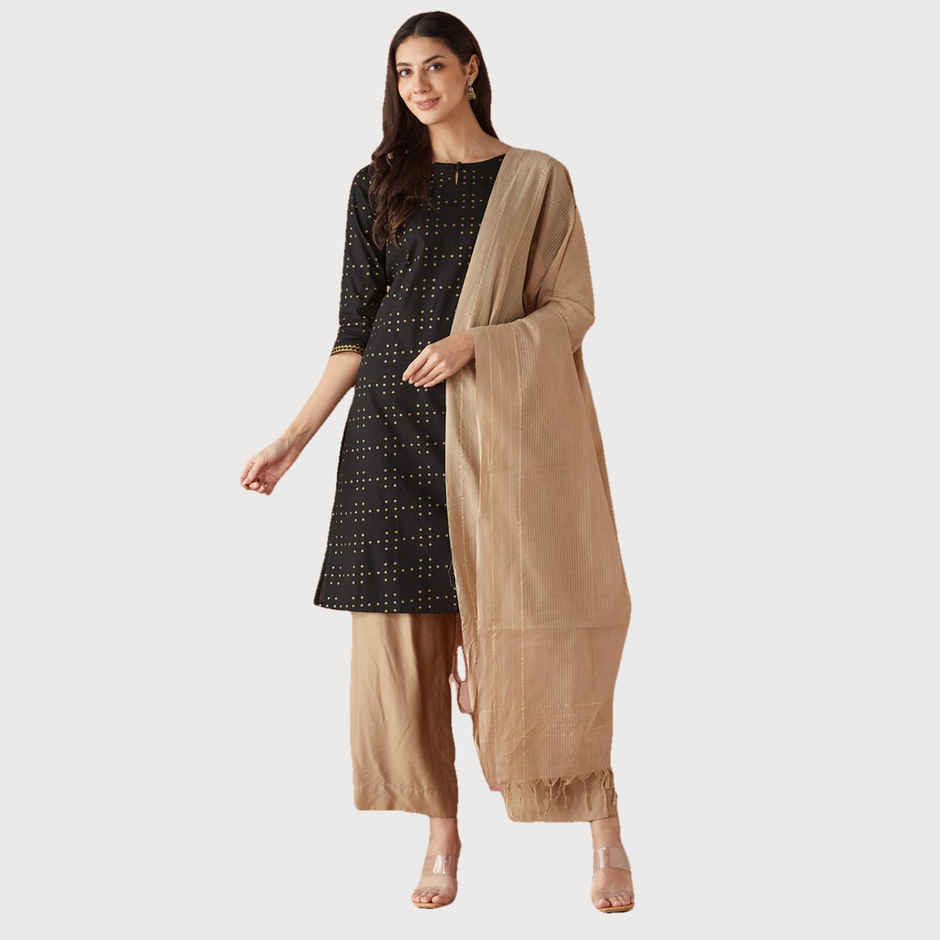 Fabindia Women's Dupatta & Kurta Cotton Printed | Black - S