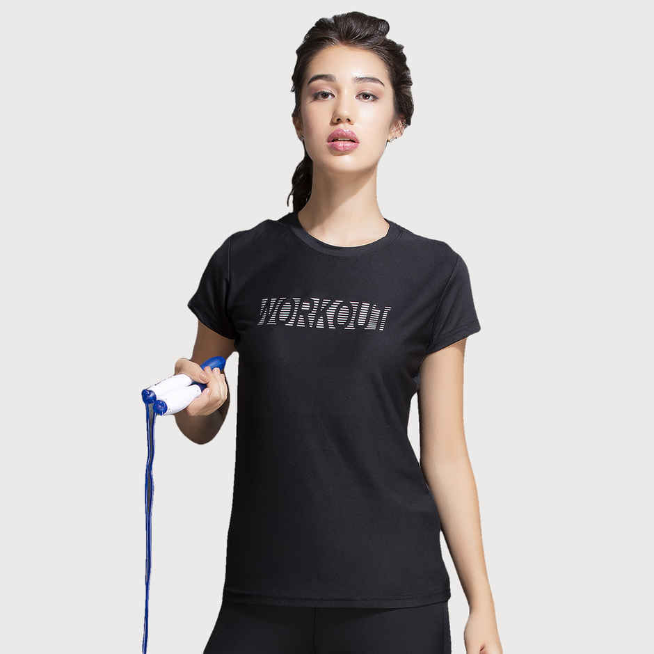 Clovia Comfort Fit Active Text Print T-Shirt | Black | XL