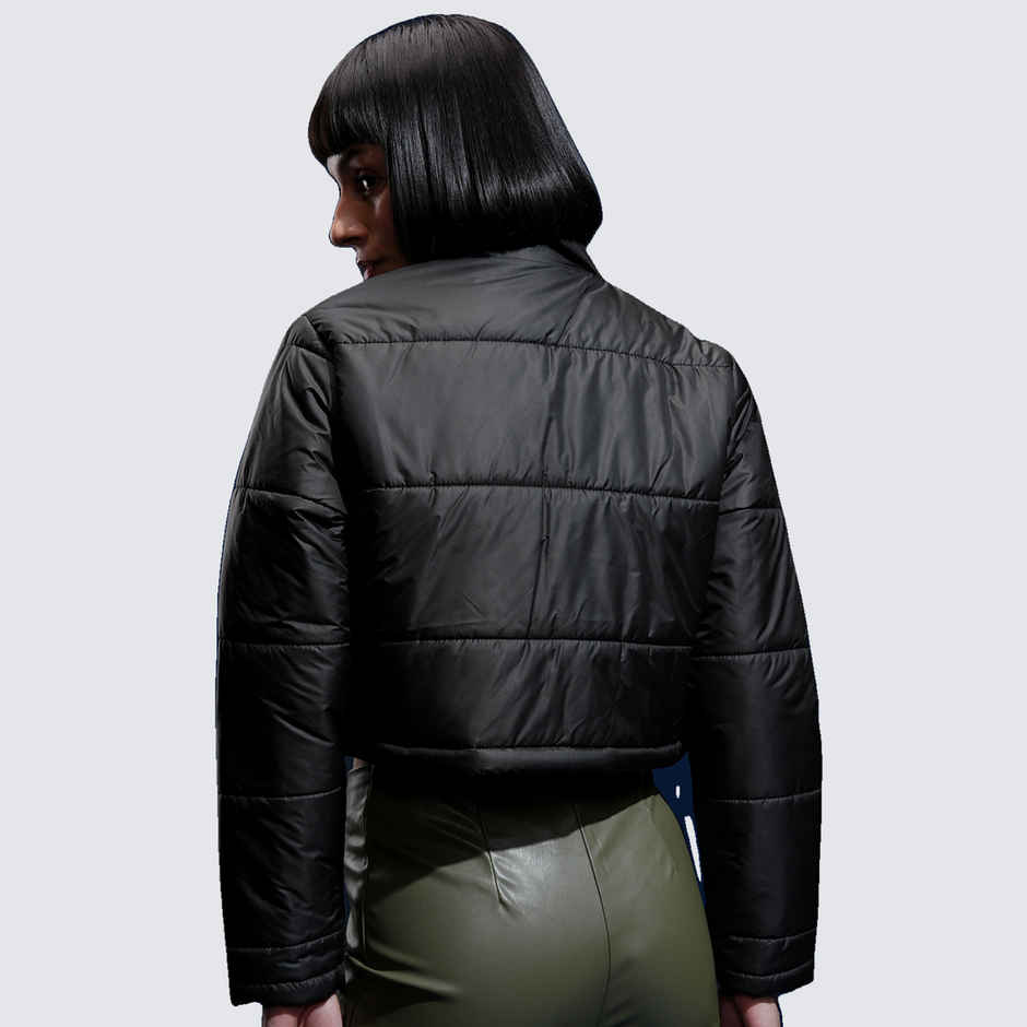 Tokyo Talkies Women's Mock Collar Solid Casual Puffer Jacket | Black - M