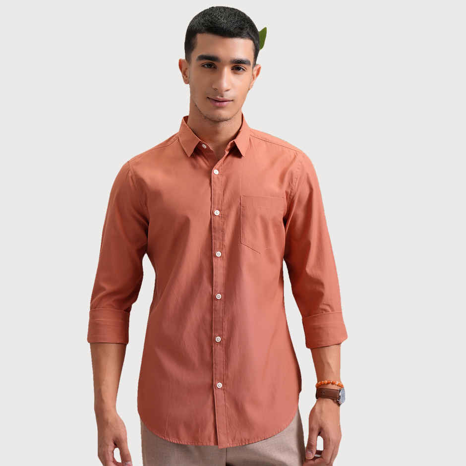HIGHLANDER Men's Classic Slim Fit Solid Spread Collar Casual Shirt | Orange - M
