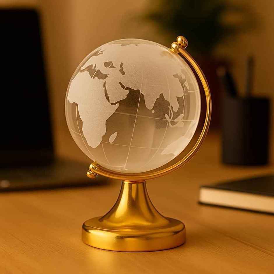 TIED RIBBONS Fengshui Crystal Globe With Golden Stand | Transparent - 1.5 in x 2.5 in