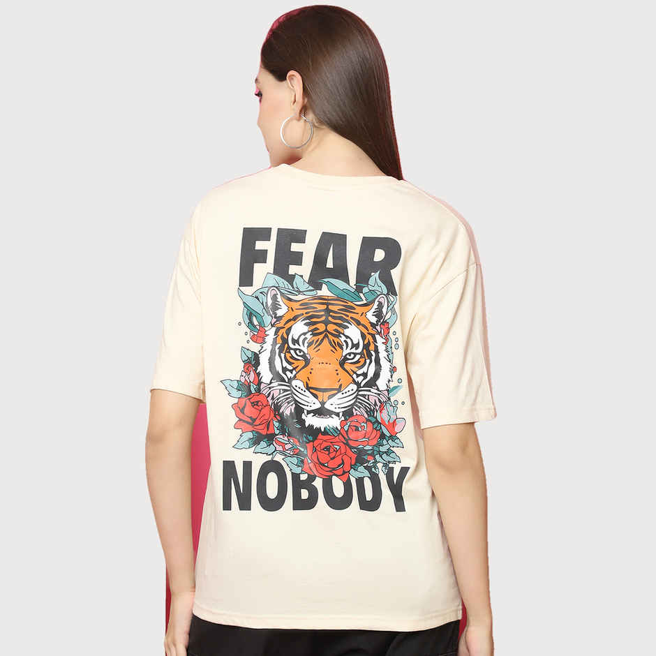 Fabflee Women Oversize Cotton Printed Round Neck Tshirt | Beige | FAB-OS-526 | M