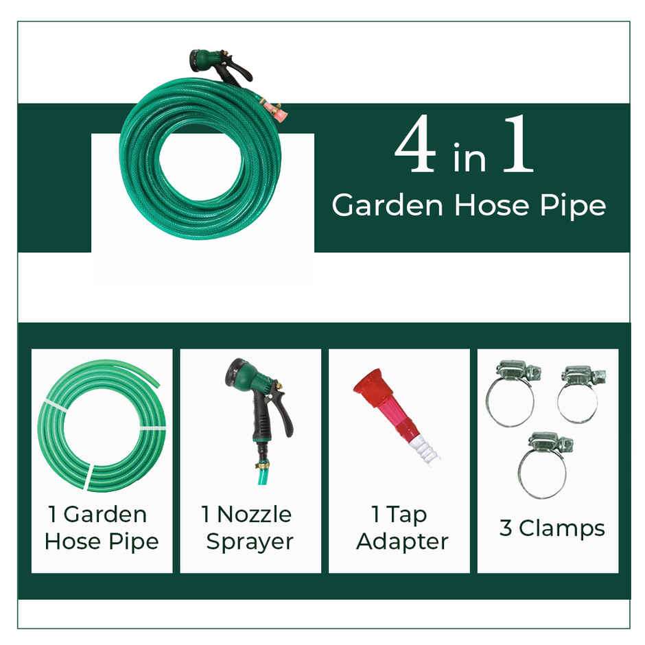 TrustBasket Hose Pipe - 15 m | Pipe for Garden with Tap Adapter & 3 Clamps 0.5 inch pipe