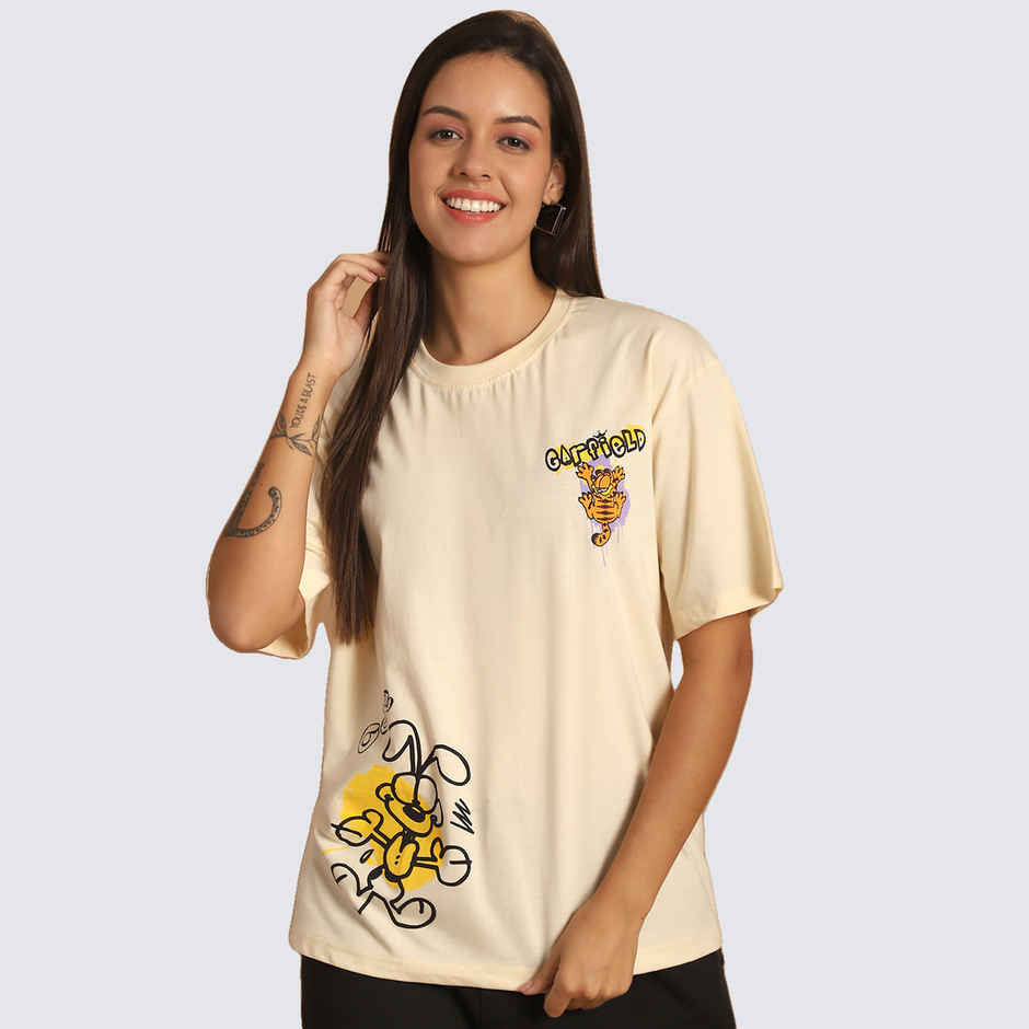 Fabflee Women Oversize Cotton Printed Round Neck Tshirt | Beige | FAB-OS-515 | M