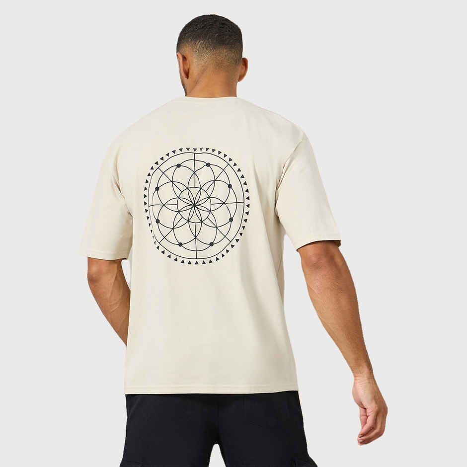 Styli Men's Oversized Cotton T-shirt with Geometric Back Print | Beige - XXL