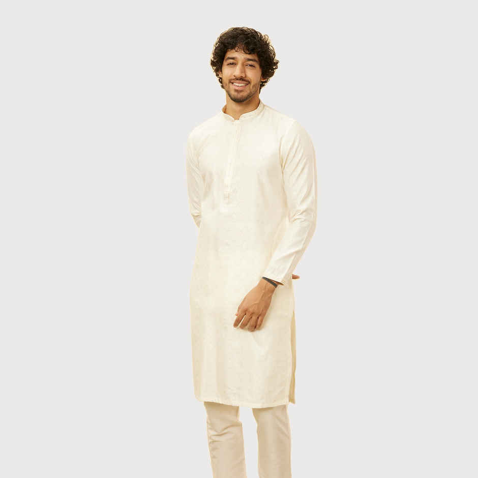 Manyavar Cream Blended Viscose Self Design Kurta Set | XXL