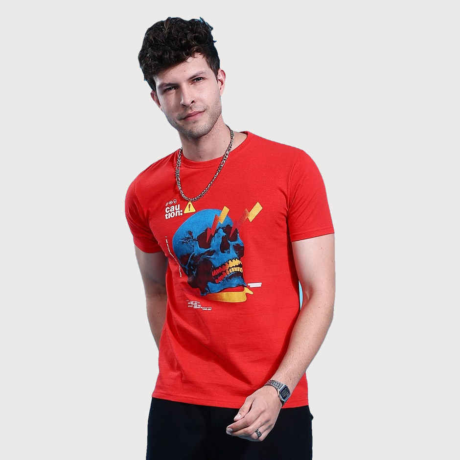The Indian Garage Co Men | Regular Fit Placement Print Casual T-Shirt | Red | XL