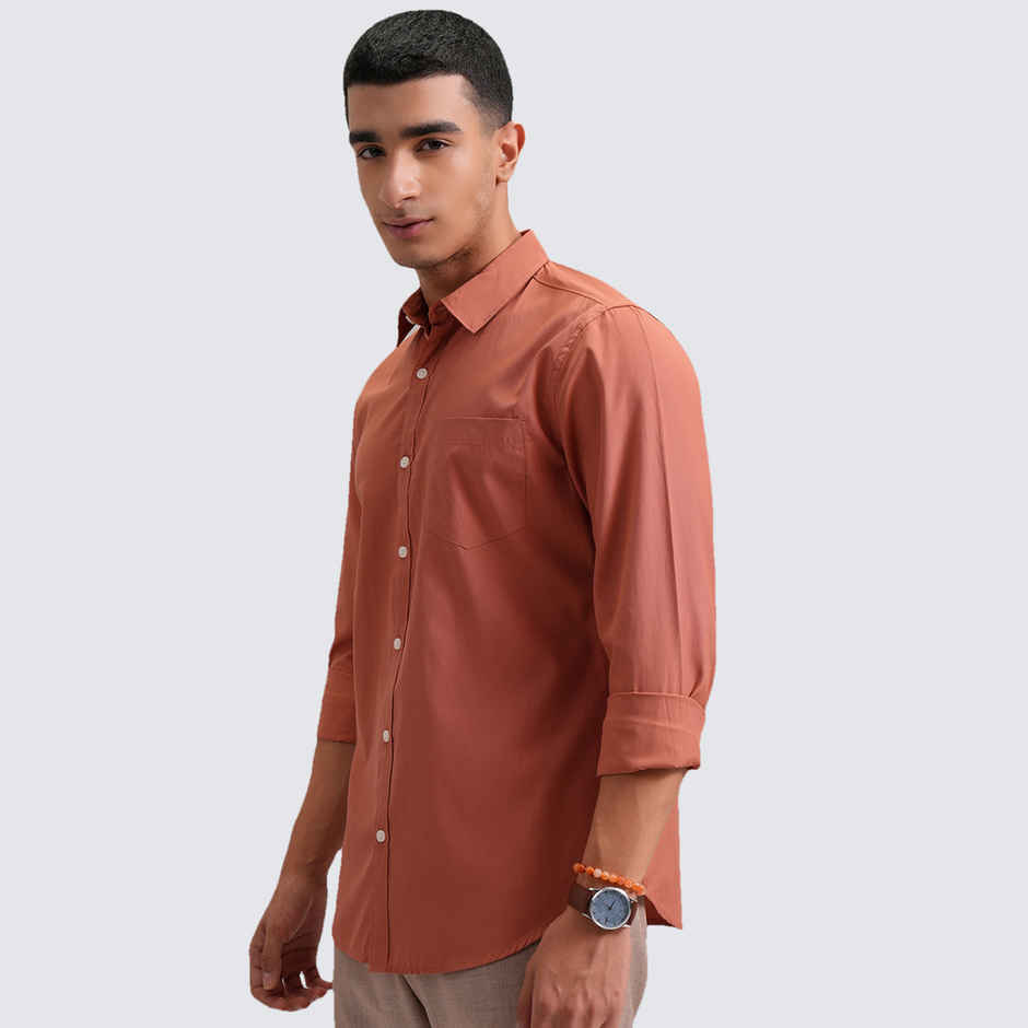 HIGHLANDER Men's Classic Slim Fit Solid Spread Collar Casual Shirt | Orange - M