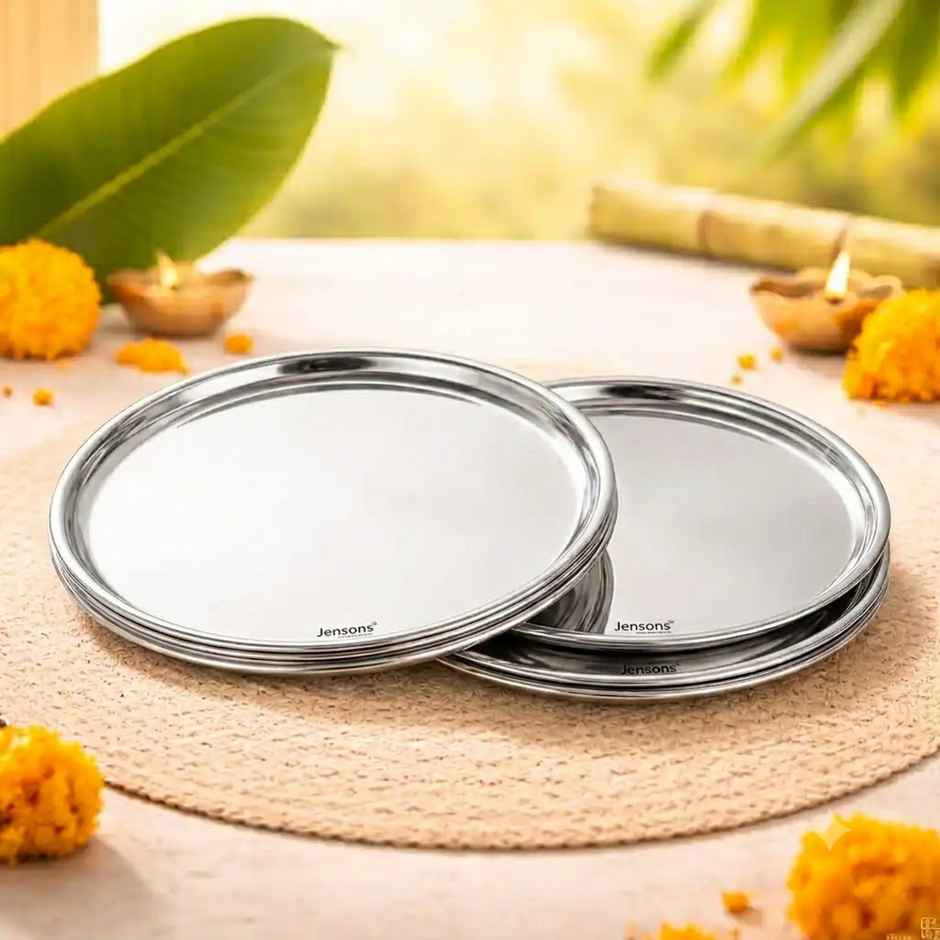 Jensons Stainless Steel Dinner Plate Set of 4 | 26cm Large Thali Plates | Food Grade Steel