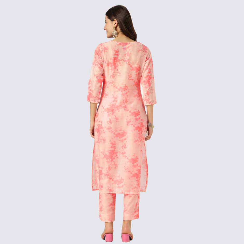 Janasya Women's Silk Blend Tie & Dye Yoke Embroidered Straight Kurta Pant Set | Peach - XL