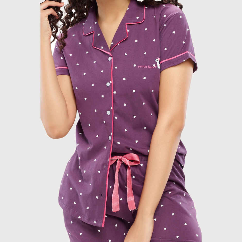 Zeyo Women's Cotton Heart Printed Stylish Night Suit Set of Shirt & Pyjama | 5612 Purple-M