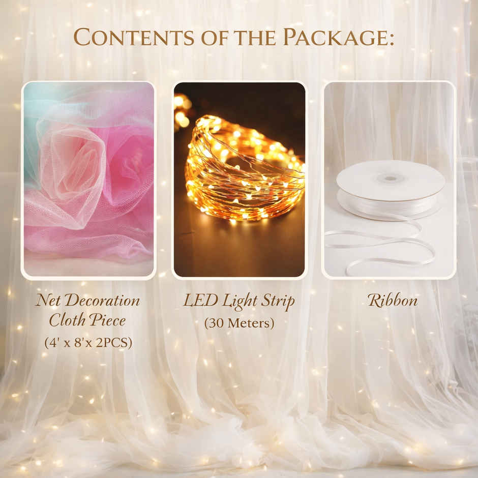 Festive Birthday Decoration Kit 5Pcs with Net Curtains | LED Light & Ribbon | BeyondLuv