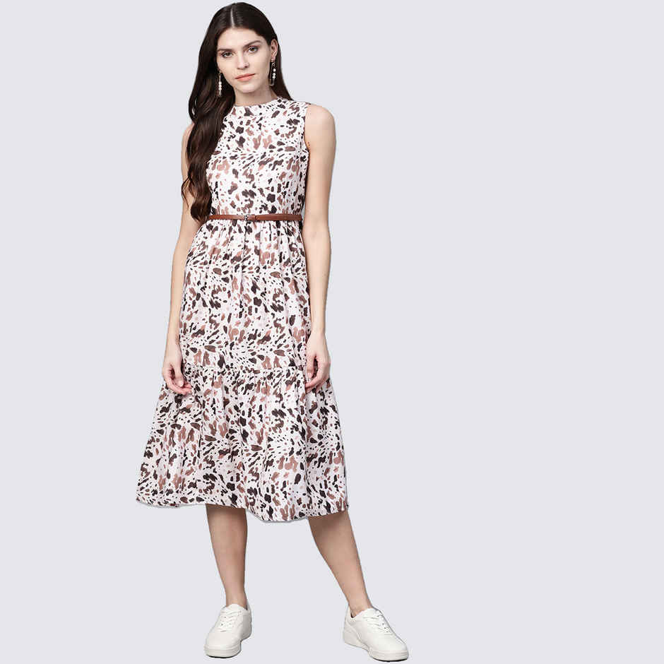 SASSAFRAS Women's Leopard Tiered Belted Midi Dress | Off White - S