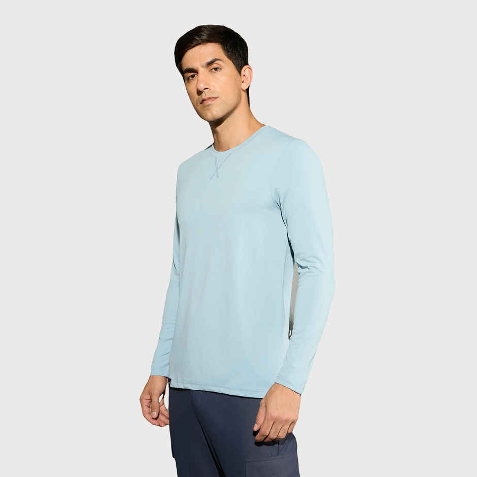 Technosport Men's Poly Solid Slim Fit Round Neck Full Sleeve Sports T-shirt | Smoke Blue - M