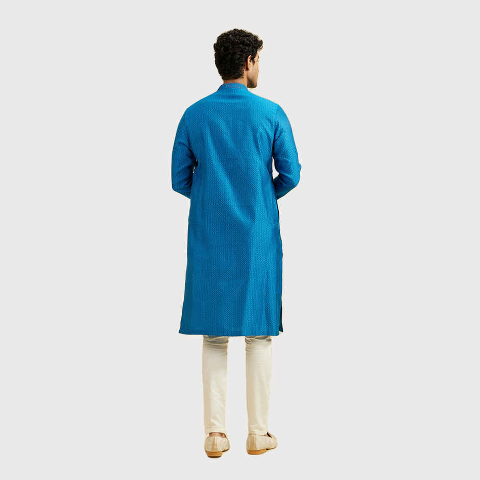 Diwas By Manyavar Blue Blended Viscose Self Design Kurta Set | S