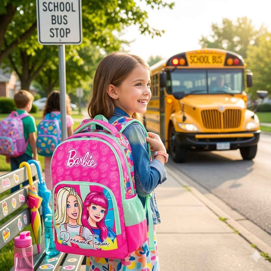 Striders Barbie Stylish School Bag 16 Inch Pink Girls Backpack with Spacious Compartments