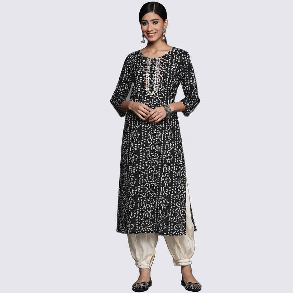 Varanga Women's Printed Cotton Kurta with Embroidered Yoke | Black - M