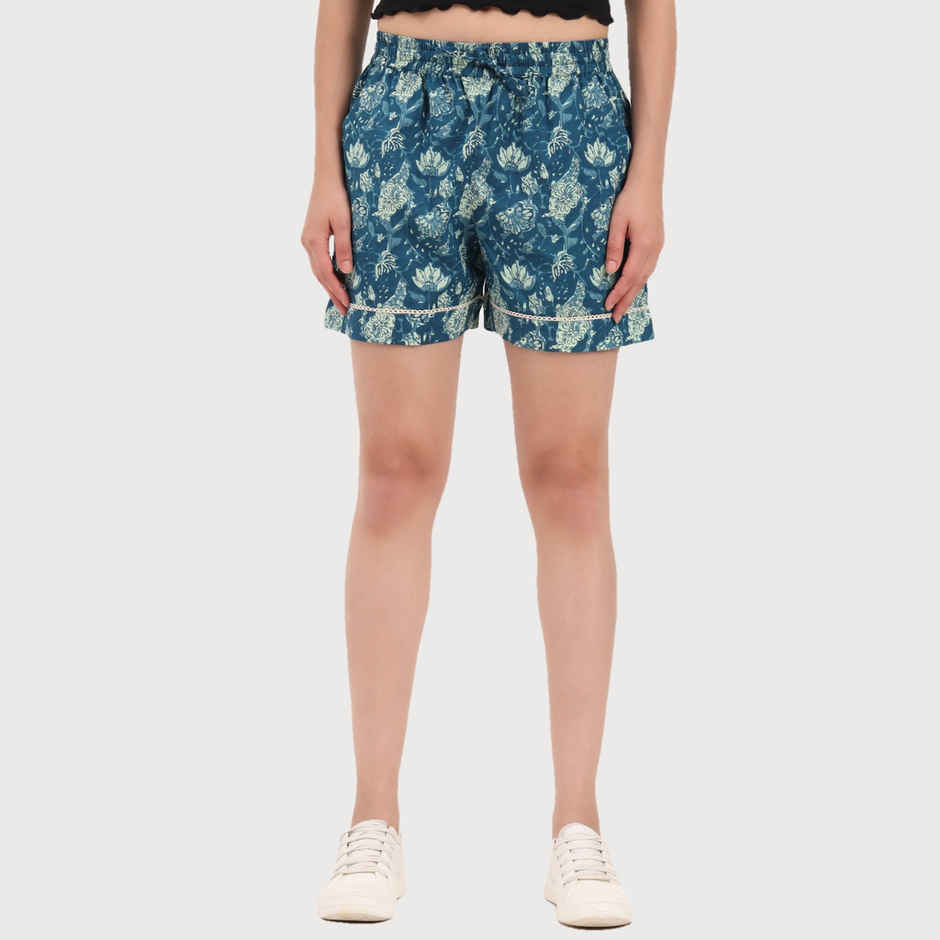 Divena Green Ethnic Motif Print Cotton Shorts for Women | DK0261 - M