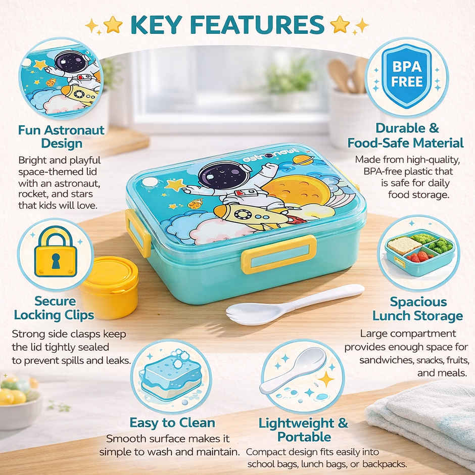 DesignLand Astronaut Kids Lunch Box with Sauce Cup and Spoon Leakproof Snack Box