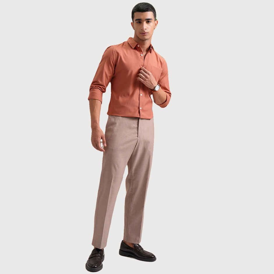 HIGHLANDER Men's Classic Slim Fit Solid Spread Collar Casual Shirt | Orange - M