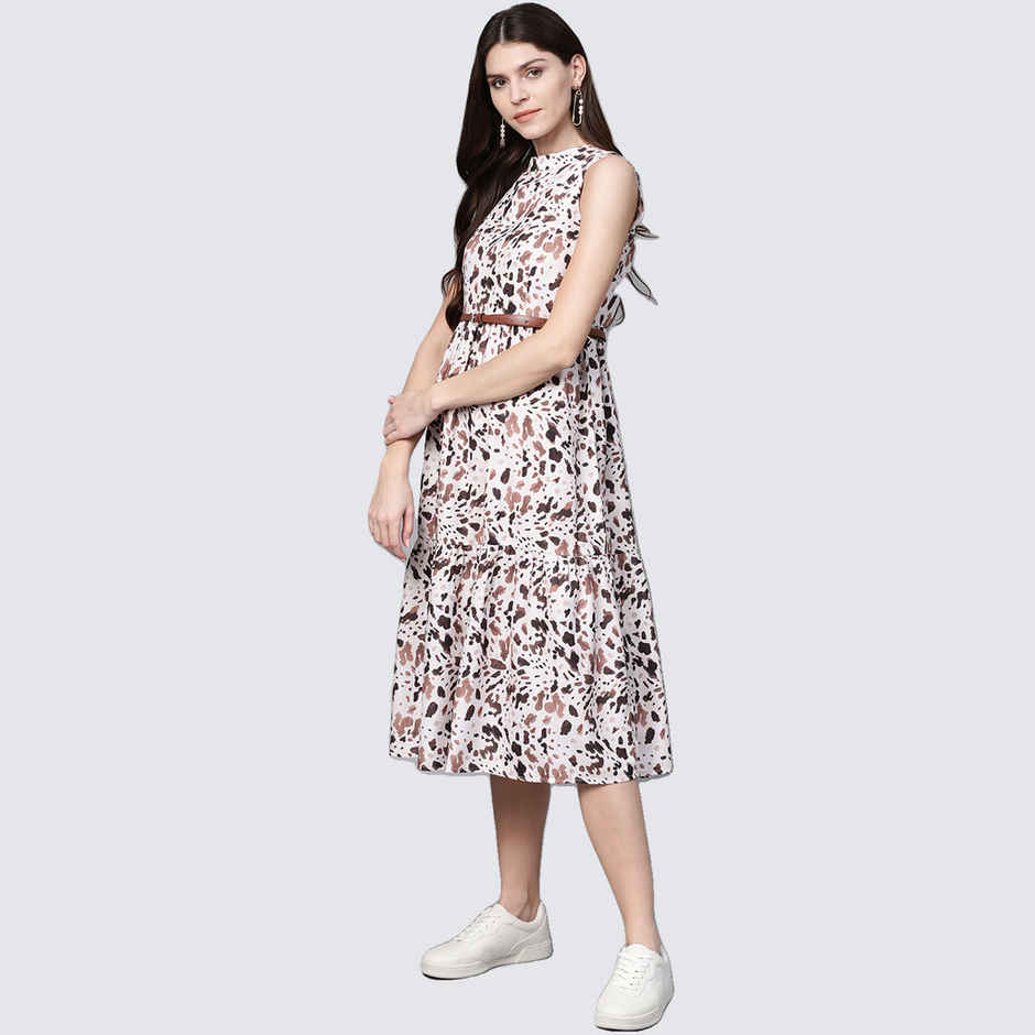 SASSAFRAS Women's Leopard Tiered Belted Midi Dress | Off White - S