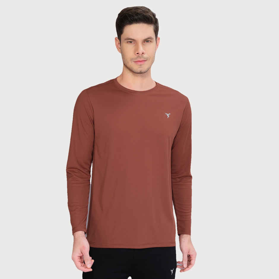 Technosport Men's Poly Solid Slim Fit Round Neck Full Sleeve Sports T-shirt | Rust - L