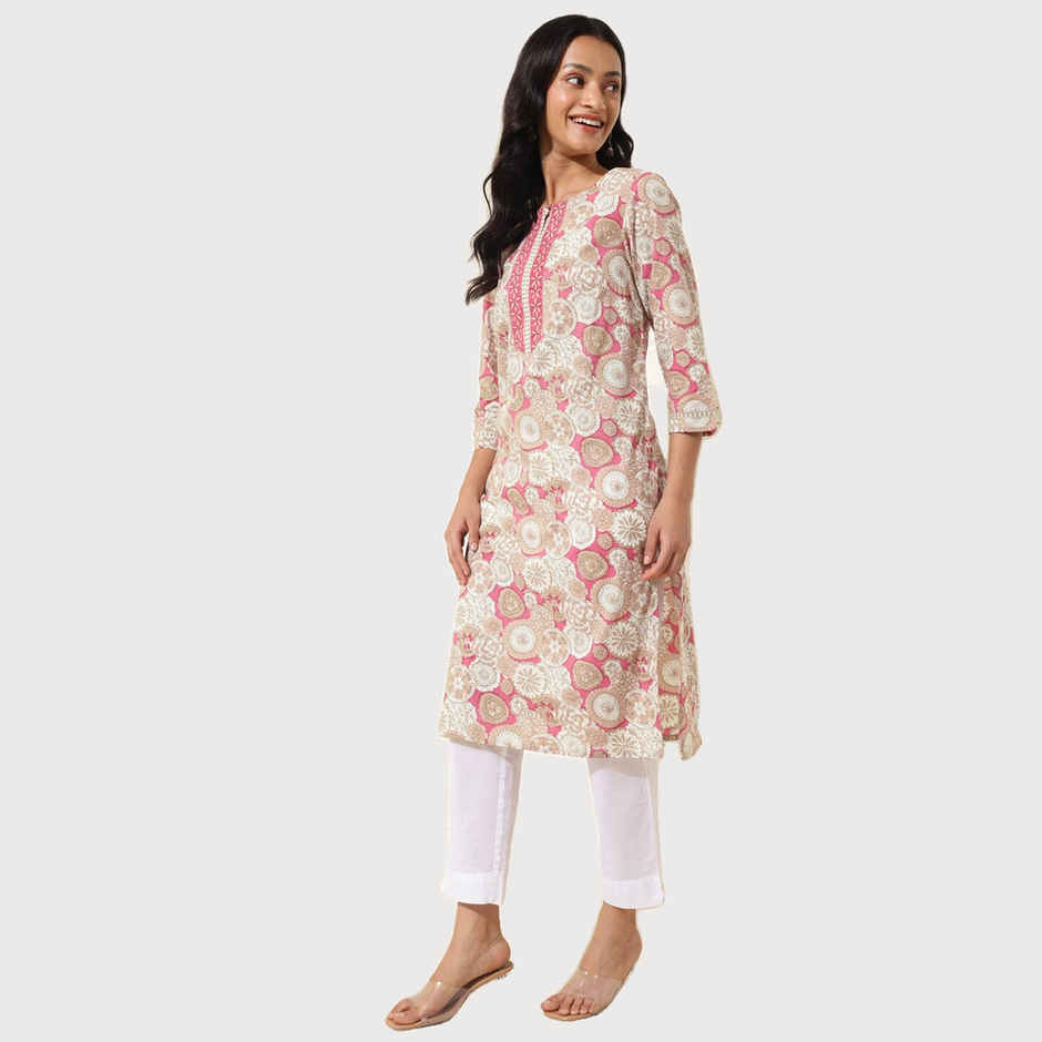 Fabindia Women's Dupatta & Kurta Set Printed | Pink - M