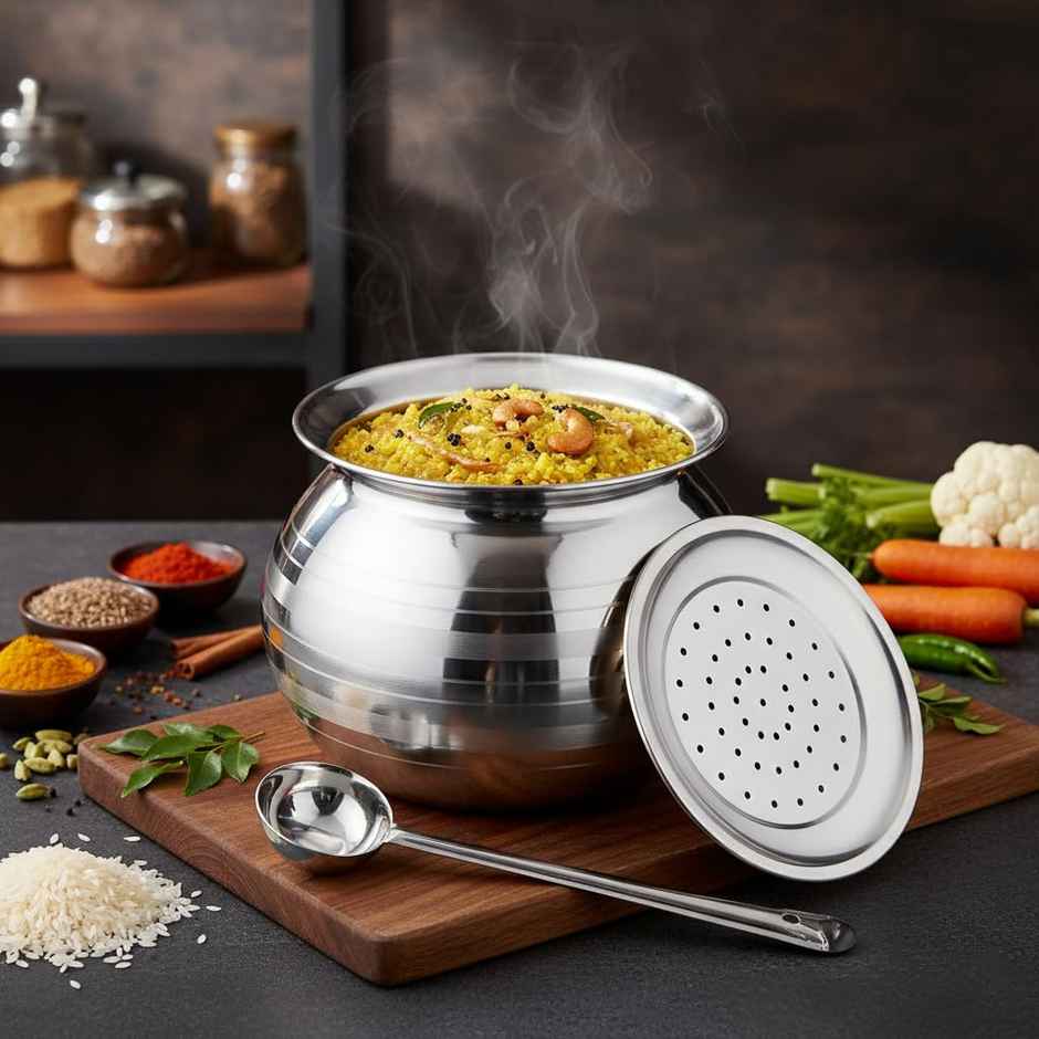 Jensons Stainless Steel Rice Pot | Rice Strainer, Pongal Pot, Gundu, Cooker | 3 L