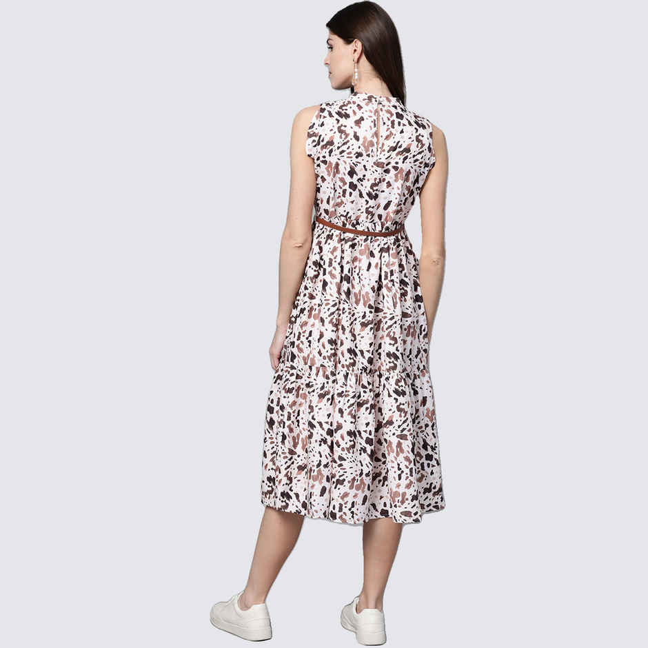 SASSAFRAS Women's Leopard Tiered Belted Midi Dress | Off White - S