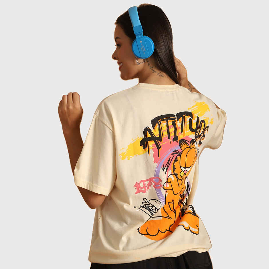 Fabflee Women Oversize Cotton Printed Round Neck Tshirt | Beige | FAB-OS-515 | M