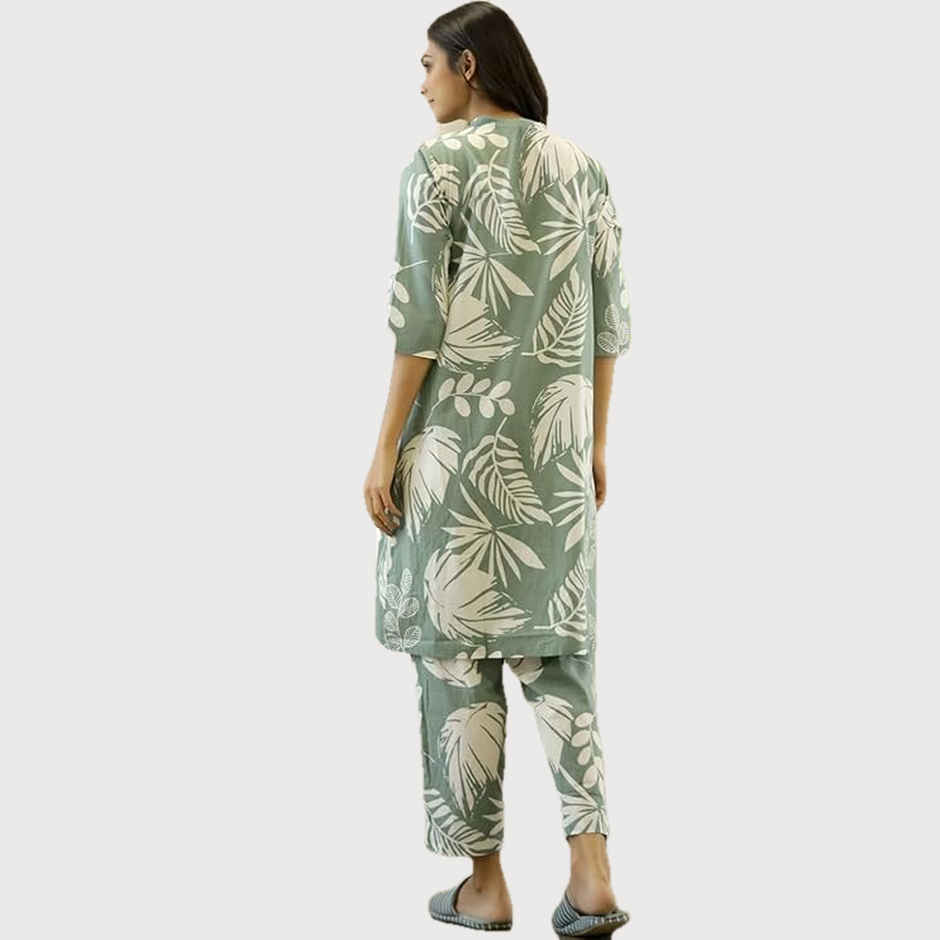Sanskrutihomes Women's Printed Cotton Night Suit | Green - XL