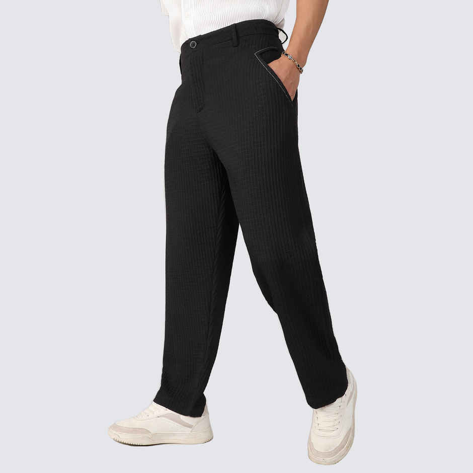 Campus Sutra Men's Onyx Textured Graph Check Trousers | Black - 30