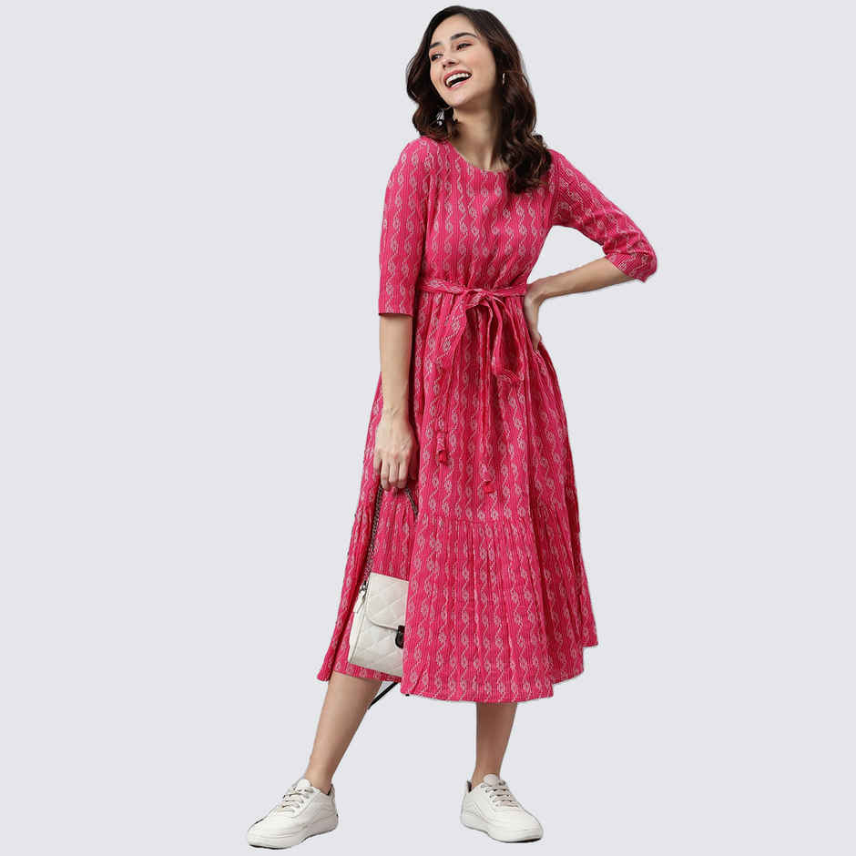 Janasya Women's Pink Pure Cotton Woven Design Tiered Dress - M
